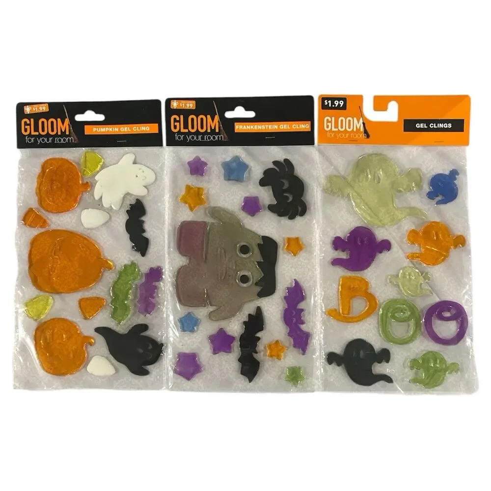 3x Packs Halloween Frankenstein-Pumpkin-Ghost Gel Window Clings Decorations